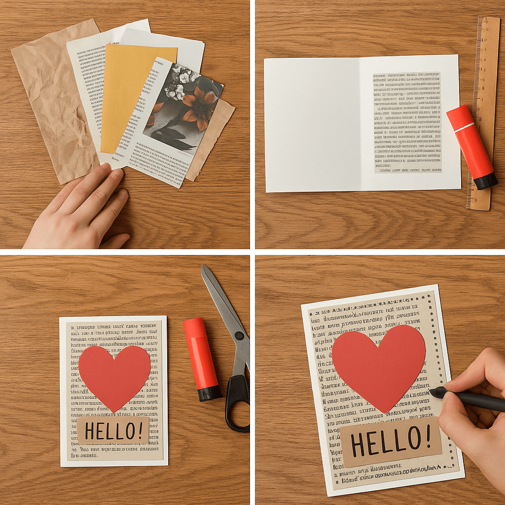 Step-by-step process of making a handmade greeting card with recycled paper