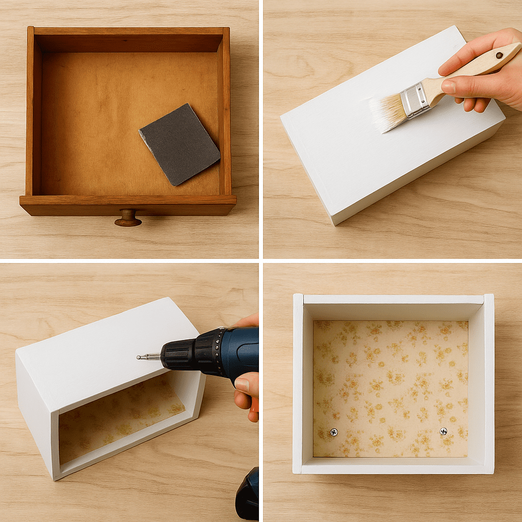 DIY drawer shelf transformation: sanding, painting, drilling, and finished shelf