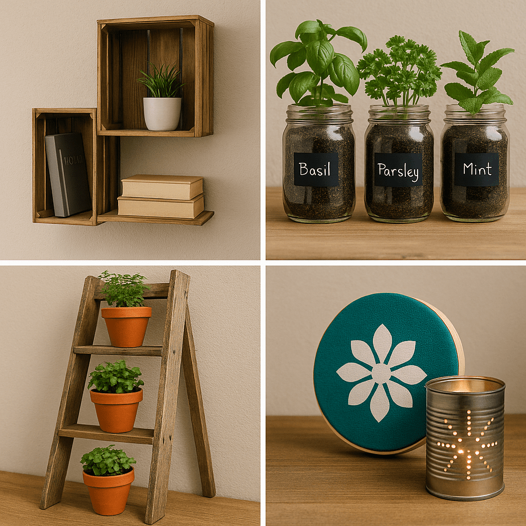 DIY recycled decor projects including crate shelf, herb jars, ladder stand, and tin can lantern.