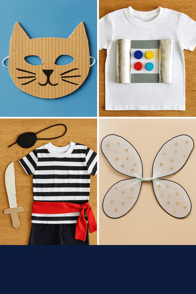 Four DIY kids’ costumes made from recycled items: cat mask, space shirt, pirate outfit, and insect wings.