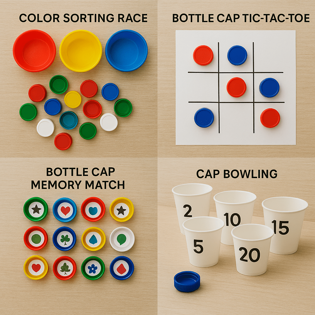 Step-by-step collage of four easy bottle cap games for kids: sorting, tic-tac-toe, memory match, and cap bowling.